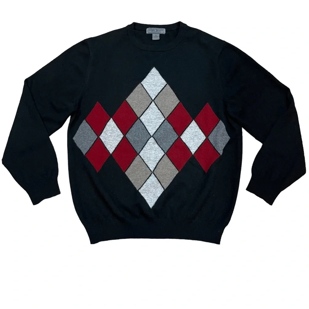 Men’s Uomo Bravo Cashmere Sweater Black Argyle Crew Neck Long Sleeve Pullover - Picture 7 of 11